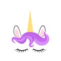 Fabulous cute unicorn with golden gilded horn and closed eyes. Royalty Free Stock Photo