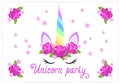 Fabulous cute unicorn with rose flowers wreath on white background with handwritten invitation text