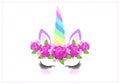 Fabulous cute unicorn with roses flowers wreath and rainbow horn on white background