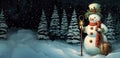 Fabulous elegant snowman in white hat and scarf in winter night forest among firs. Banner.