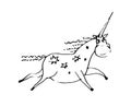 Fabulous fat unicorn funny. Cheerful wild animal. A comical character. Outline sketch. Hand drawing is isolated on a