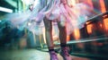 Fabulous free spirited teenager walking in colorful rainbow pastel dress and striped socks - generative AI