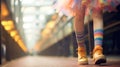 Fabulous free spirited teenager walking in colorful rainbow pastel dress and striped socks - generative AI