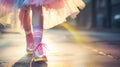 Fabulous free spirited teenager walking in colorful rainbow pastel dress and striped socks - generative AI