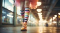 Fabulous free spirited teenager walking in colorful rainbow pastel dress and striped socks - generative AI