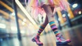 Fabulous free spirited teenager walking in colorful rainbow pastel dress and striped socks - generative AI