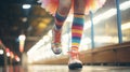 Fabulous free spirited teenager walking in colorful rainbow pastel dress and striped socks - generative AI