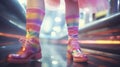 Fabulous free spirited teenager walking in colorful rainbow pastel dress and striped socks - generative AI