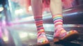 Fabulous free spirited teenager walking in colorful rainbow pastel dress and striped socks - generative AI