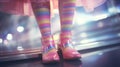 Fabulous free spirited teenager walking in colorful rainbow pastel dress and striped socks - generative AI