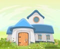 Fabulous funny house in clearing. Blue roof. Grass meadow. Beautiful cartoon landscape illustration. Wooden door and Royalty Free Stock Photo