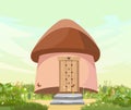 Fabulous funny house in clearing. Brown roof. Grass meadow. Beautiful cartoon landscape illustration. Wooden door. Cute Royalty Free Stock Photo