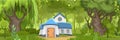 Fabulous funny house in clearing. Forest meadow landscape. Dwelling of gnome. Horizontal. Beautiful cartoon illustration