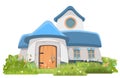 Fabulous funny house in clearing. Grass meadow. Beautiful cartoon landscape illustration. Blue roof. Isolated cute baby Royalty Free Stock Photo