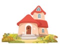 Fabulous funny house in clearing. Grass meadow. Beautiful cartoon landscape illustration. Red roof. Isolated cute baby Royalty Free Stock Photo