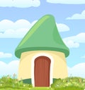 Fabulous funny house in clearing. Green roof. Grass meadow. Beautiful cartoon landscape illustration. Wooden door. Cute Royalty Free Stock Photo