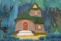 Fabulous funny house in clearing. Night. Forest meadow landscape. Dwelling of gnome. Beautiful cartoon illustration Royalty Free Stock Photo