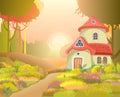 Fabulous funny house in clearing. Red roof. Grass meadow. Beautiful cartoon forest landscape illustration. Road. Wooden Royalty Free Stock Photo