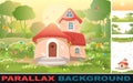 Fabulous funny house in clearing. Set parallax effect. Red roof. Grass meadow. Beautiful cartoon forest landscape