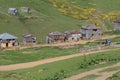 Georgia wooden houses, green fields and famous touristic Gomi mountain. Traditional Georgian Caucasus old cabins