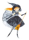 A fabulous girl in a black dress and striped stockings, a black cloak and a hat, with a broom in her hands, dancing hovering in