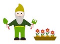 Fabulous gnome in green clothes is ready for gardening. Man with a beard holds gardening tools in his hands.