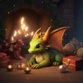 A fabulous green dragon with wings near a burning fireplace with gifts.