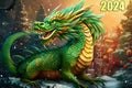 The fabulous green wooden dragon is the symbol of 2024 New Year. cartoon dragon is sitting next to a Christmas tree with