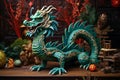 The fabulous green wooden dragon is the symbol of 2024 New Year. cartoon dragon is sitting next to a Christmas tree with