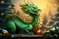 The fabulous green wooden dragon is the symbol of 2024 New Year. cartoon dragon is sitting next to a Christmas tree with