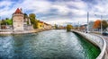 Fabulous historic city center of Lucerne with famous buildings and calm waters of Reuss river