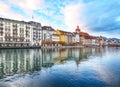 Fabulous historic city center of Lucerne with famous buildings and calm waters of Reuss river