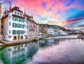 Fabulous historic city center of Lucerne with famous buildings and calm waters of Reuss river