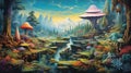 Fabulous illustration depicting giant mushrooms, mountains and waterfalls. Generative AI