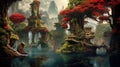 Fabulous illustration of nature in oriental style, depicting red giant trees, mountains and river. Generative AI
