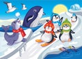 Fabulous illustration for puzzles. Magic background with funny animals. Children`s print. Penguins, whale and seal in Antarctica. Royalty Free Stock Photo