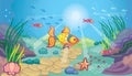 Fabulous landscape with sea bottom. Ocean background for wallpaper. Golden fish. Children`s cartoon illustration for print.