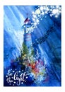 A fabulous lighthouse under water, incredible, magical bubbles and fish. Watercolor illustration, greeting card Royalty Free Stock Photo