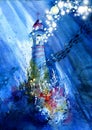 A fabulous lighthouse under water, incredible, magical bubbles and fish. Watercolor illustration, greeting card Royalty Free Stock Photo