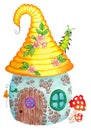 Fabulous little house. Yellow roof, fly agaric, flowers and caterpillar. Cartoon for children.