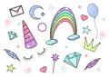 Fabulous, magic set of vector icon. Unicorn horn, rainbow, diamond and magic wand.