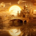 Fabulous Magic solemn golden background with elements of landscape and architecture