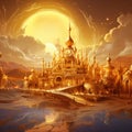 Fabulous Magic solemn golden background with elements of landscape and architecture