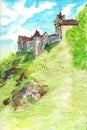 Fabulous medieval castle in the Czech Republic. Hand-drawn illustration of colored pencils