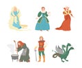Fabulous Medieval Character from Fairytale with Rapunzel Brushing Hair, Witch, Fire Breathing Dragon, Prince and