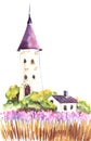 A fabulous mill tower with light walls and a purple roof. Fairy house. Lavender field, lush greenery. Sketch decorative element