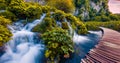 Fabulous morning view of pure water waterfall in Plitvice National Park. Splendid autumn scene of Croatia, Europe. Beauty of natur