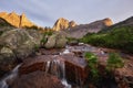 Fabulous mountain streams, lush greenery and flowers around. Thawed spring water from the mountains. Magical views of high Royalty Free Stock Photo