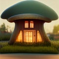 Fabulous mushroom house. Little house for fairy gnomes. 3D Digital illustration based on render by neural network