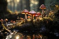 Fabulous mushrooms stand in spotlight on forest's edge, a surreal touch to enchanted woodland